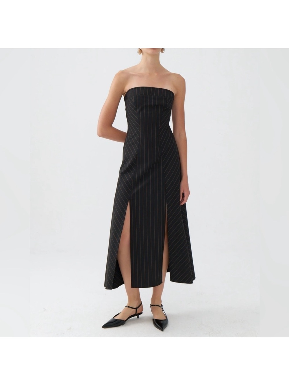 NWT Nocturne Strapless Black Pinstripe Midi Dress with Front Slits